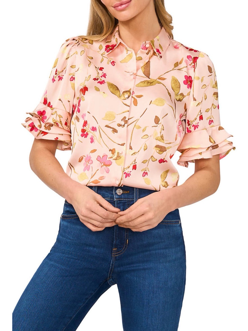 CeCe Pink Floral Ruffle-Sleeve Button Front Blouse